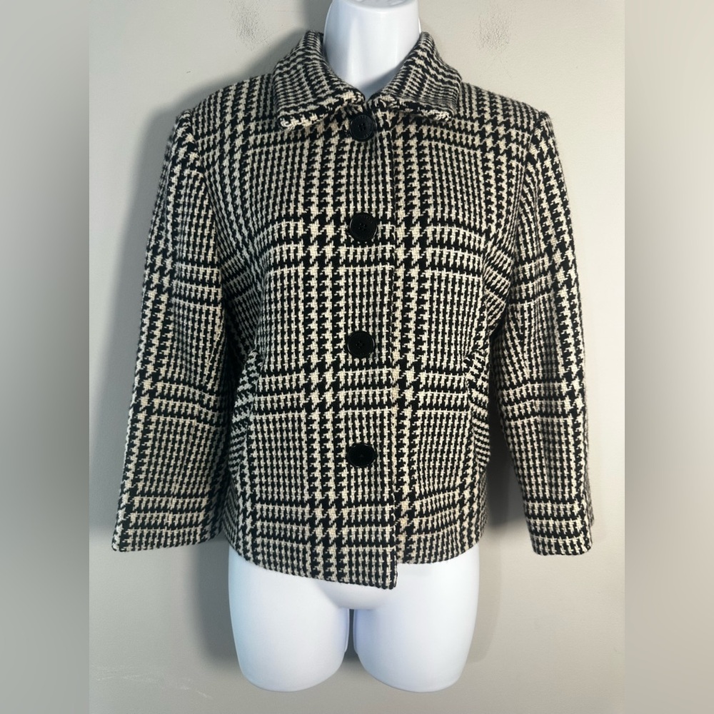 VTG Lauren Ralph Lauren Houndstooth Wool Blend Car Coat - Petite 12P Black Cream